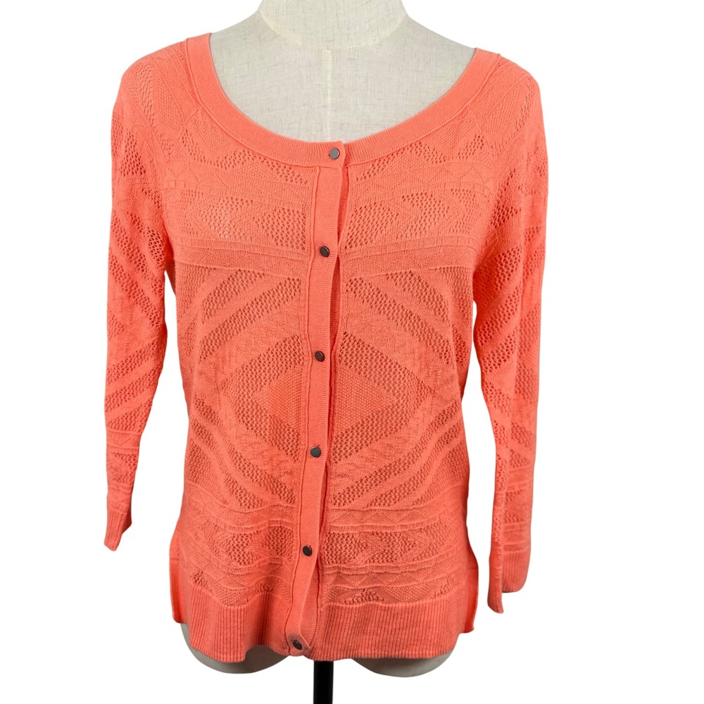 American Eagle M Cardigan Coral Orange Pointelle Diamond Open Knit Retro 2012